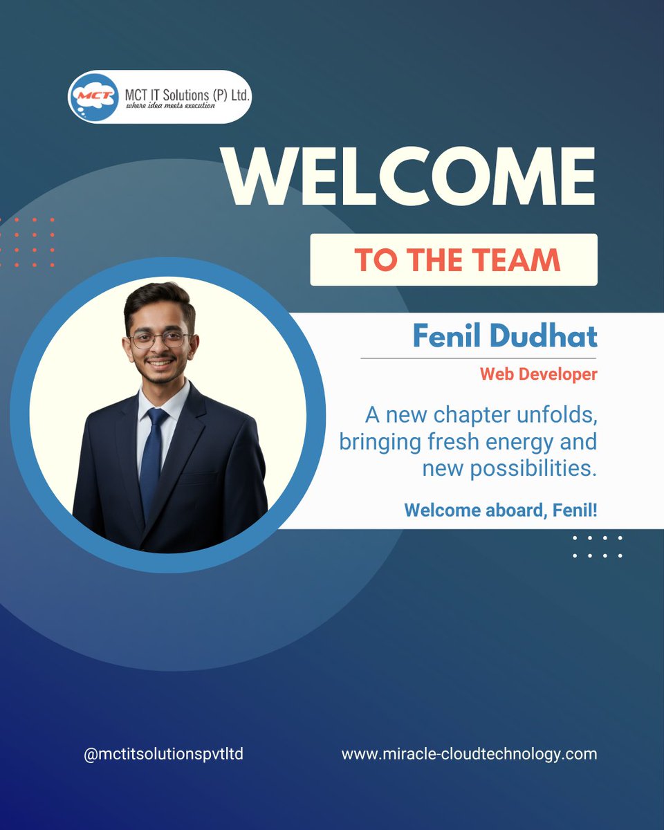 mctitsolutions's tweet image. A creative chapter unfolds at MCTIT Solutions. We’re happy to welcome Fenil Dudhat Fenil Dudhat as our new Web Developer! His design thinking, attention to detail, &amp;amp; vision for user-friendly experiences will elevate our product &amp;amp; project quality.
#WelcomeAboard #mctitsolutions