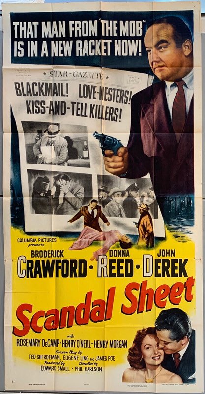 FilmNoirUK's tweet image. One of the great #FilmNoir classics is being screened on @TalkingPicsTV today, 1:05pm. Get ready for one of our favs, Broderick Crawford, starring in Phil Karlson’s Scandel Sheet (1952). Some excellent cinematography by Burnett Guffey + love the artwork for this one. #Noirvember