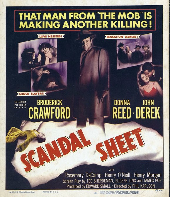 FilmNoirUK's tweet image. One of the great #FilmNoir classics is being screened on @TalkingPicsTV today, 1:05pm. Get ready for one of our favs, Broderick Crawford, starring in Phil Karlson’s Scandel Sheet (1952). Some excellent cinematography by Burnett Guffey + love the artwork for this one. #Noirvember