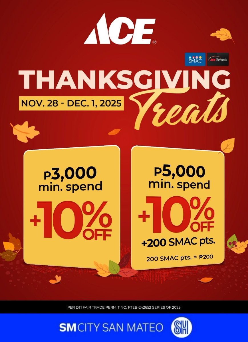 smcitysanmateo's tweet image. Get your home holiday ready with ACE Thanksgiving Treats from Nov 28–Dec 1!

Enjoy exclusive deals on home must-haves, gifts, and holiday essentials.

Shop, save, and celebrate at ACE Hardware branches nationwide.

#ACEHardware
#SMCitySanMateo