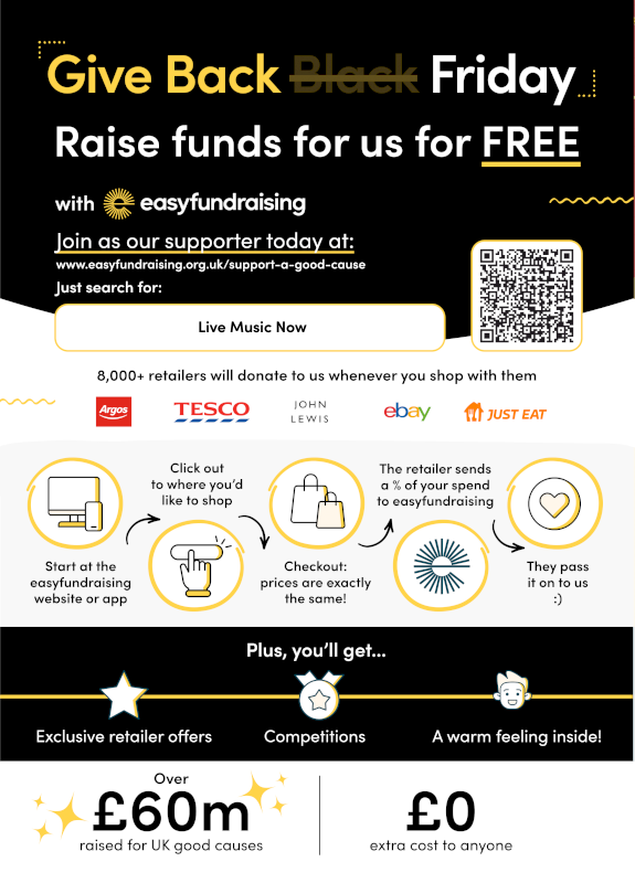 LiveMusicNowUK's tweet photo. 🎵 Black Friday is here! 

🛒 Shop with purpose and help bring live music to those who need it most. 
Support Live Music Now for free every time you shop via easyfundraising — over 8,000 retailers will donate at no extra cost.
👉 https://t.co/n9oTnMggPU https://t.co/B6vocXl3nk