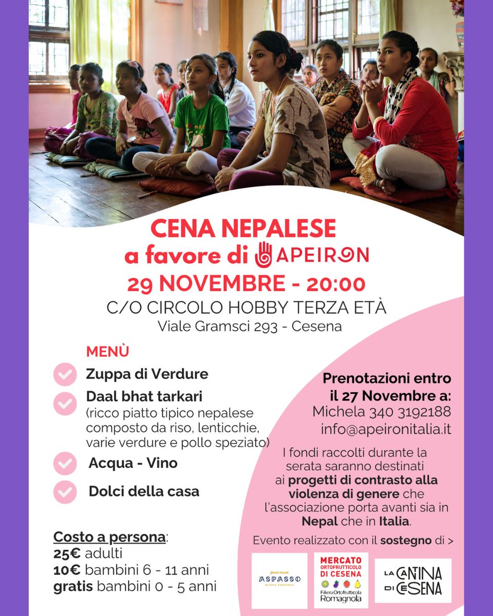 Suggeriamo due iniziative in programma sabato prossimo 29/11!
- "FESTA DI NATALE", #OltreiConfini, Hard Rock Cafè,Via Dante 5, #Milano, ore 19.
- "CENA NEPALESE", #ApeironODV, Circolo Hobby Terza Età, Viale Gramsci 293, #Cesena, ore 20.
#Eventi solidali by xlestrade.org/eventi/
