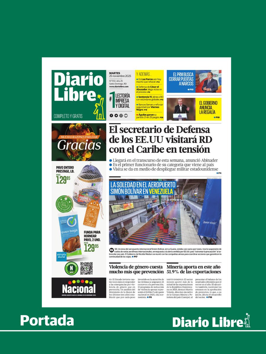 🟢 | #PortadaDL | Aquí la portada de nuestra edición impresa de este martes 25 de noviembre del 2025

#DiarioLibre #PeriódicoLíder