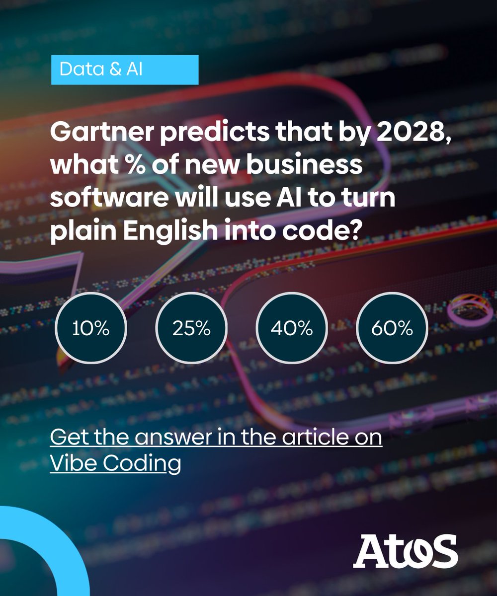 Atos's tweet image. Analysts predict major shifts in how enterprises build software and #VibeCoding is at the center of it

Curious about what Gartner sees coming? Correct answer is in the article. Go read it: lbr.io/s/QibEyF

Keep following the series for more predictions and practical tips