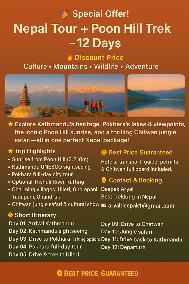 🎉 Special Offer! Nepal Tour + Poon Hill Trek – 12 Days
🔥 Discount Price
💰 Best Price Guaranteed
📞 Contact &amp; Booking
 Deepak Aryal
 Best Trekking in Nepal
 📧 aryaldeepak1@gmail.com
 🌐 besttrekkinginnepal.com
 📞 WhatsApp: +9779860313326
#NepalTour #PoonHillTrek #VisitNepal