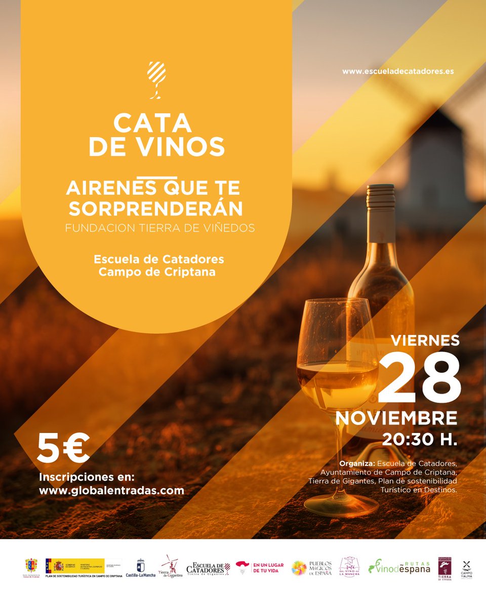 A 2️⃣ días de celebrar el I Día del Airén, en la #rutadelvinodelamancha se celebra una cata de esas que preparan el paladar para el gran día

AIRENES QUE TE SORPRENDERÁN se llama y la organiza @tierradevinedosclm en la @escuelacatadores de #CampodeCriptana
28NOV/20:30h
¿Te vienes?