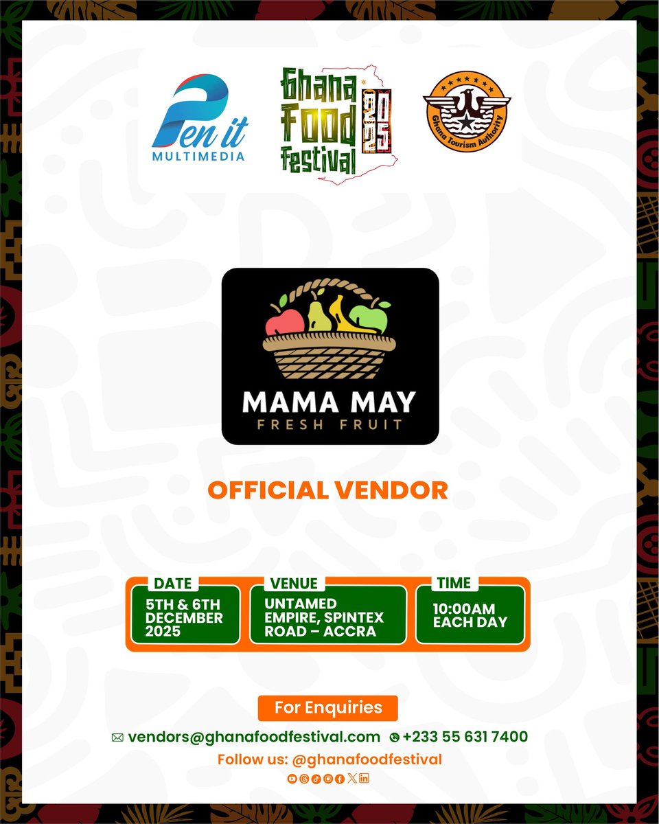 Fresh fruits. Fresh vibes. 🍓🍍

Come enjoy premium fresh fruits: pineapple, watermelon, mango, grapes and more! 🍉🍇

Only at the Ghana Food Festival 2025. 🇬🇭

💼 Interested in joining as a vendor?
Contact us today: +233 55 631 7400 || vendors@ghanafoodfestival.com

#Ghana
