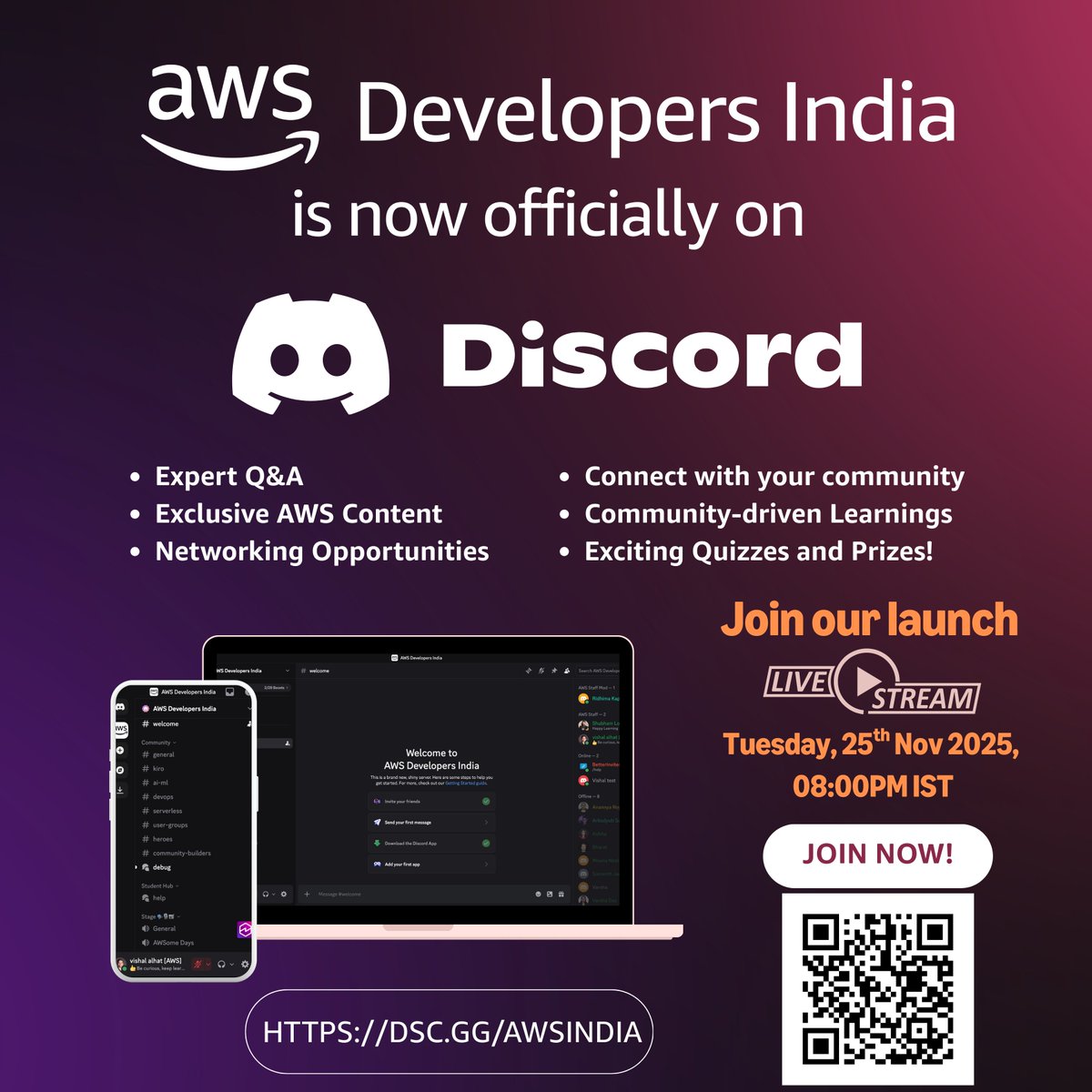 WeShallAWS's tweet image. 🚀 Exciting news! We&apos;ve launched the official AWS Developers India Discord server! Join us TODAY at 8PM IST for our launch live stream with AWS experts our AWS experts!

Connect, learn &amp;amp; grow with India&apos;s AWS community!

Join now: dsc.gg/awsindia 
#india #awscommunity