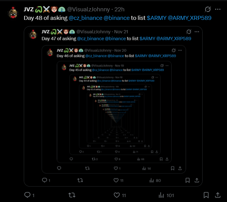Day 49 of asking <a href="/cz_binance/">CZ 🔶 BNB</a> <a href="/binance/">Binance</a> to list $ARMY <a href="/ARMY_XRP589/">$ARMY</a>