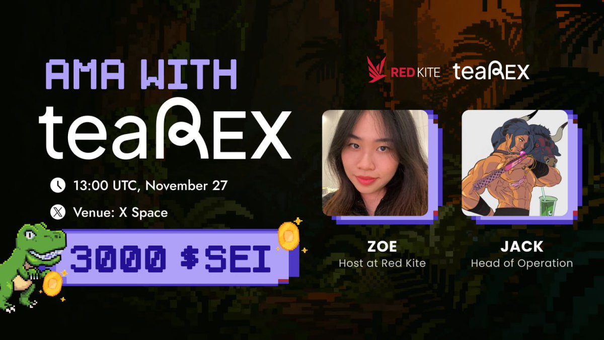 redkitepad's tweet image. Exclusive AMA incoming: Red Kite x @0xteaRex 

• Reward: 3000 $SEI
• Time: 13 UTC November 27, 2025 
• Venue: x.com/i/spaces/1vOGw… 

Follow these rules to be eligible:  
• Like &amp;amp; retweet this post 
• Tag 2 friends 
• Follow Red Kite &amp;amp; @0xteaRex
• Drop 3 questions in…