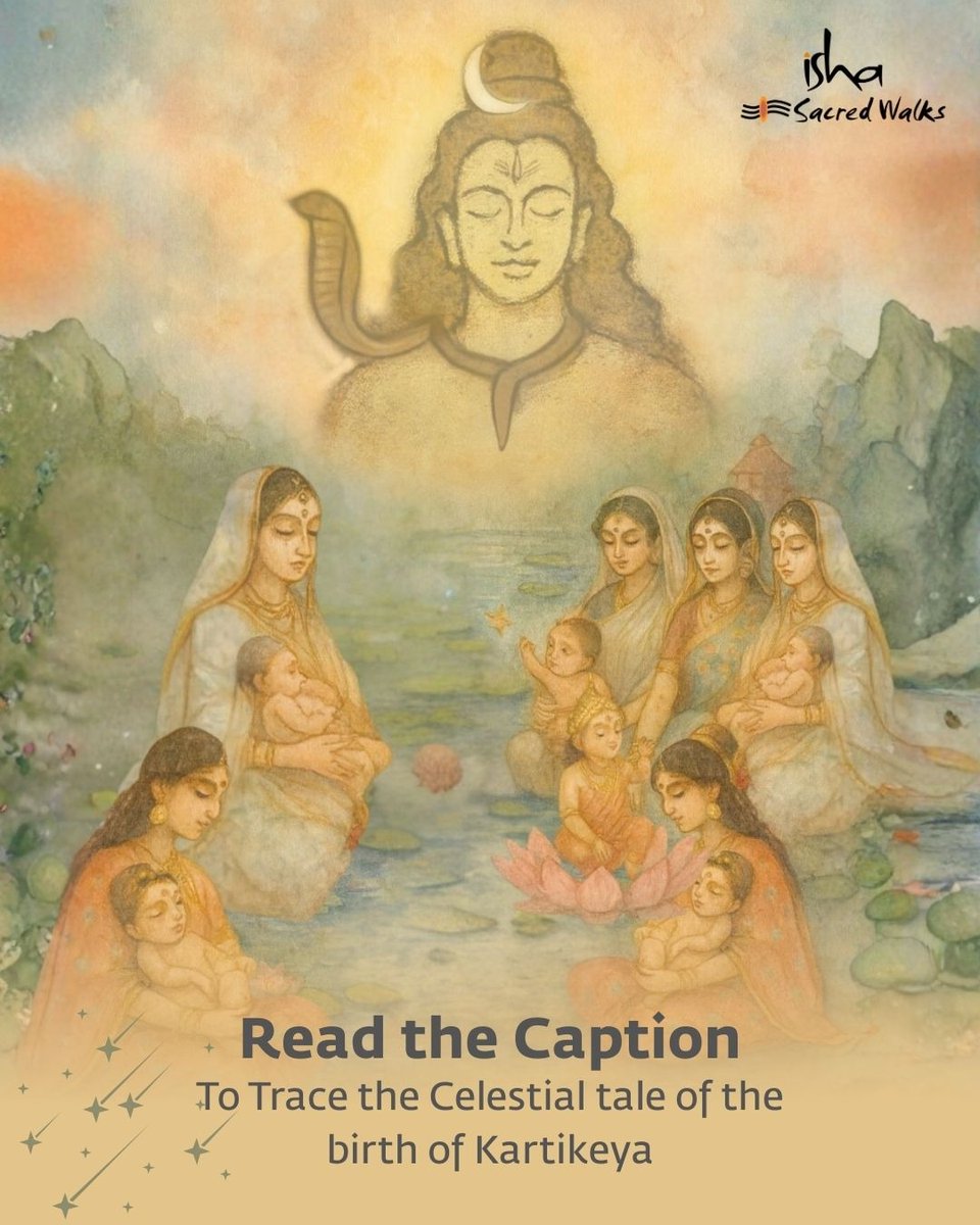 IshaSacredWalks's tweet image. A cluster of six stars — the Kritika Nakshatra — shines brightest in this sacred month.
From Shiva’s fiery seed arose six divine sparks, nurtured by the celestial Kritikas and later united by Parvati into one radiant being: Lord Arumugam.
Karthigai lamps are lit to honour him.