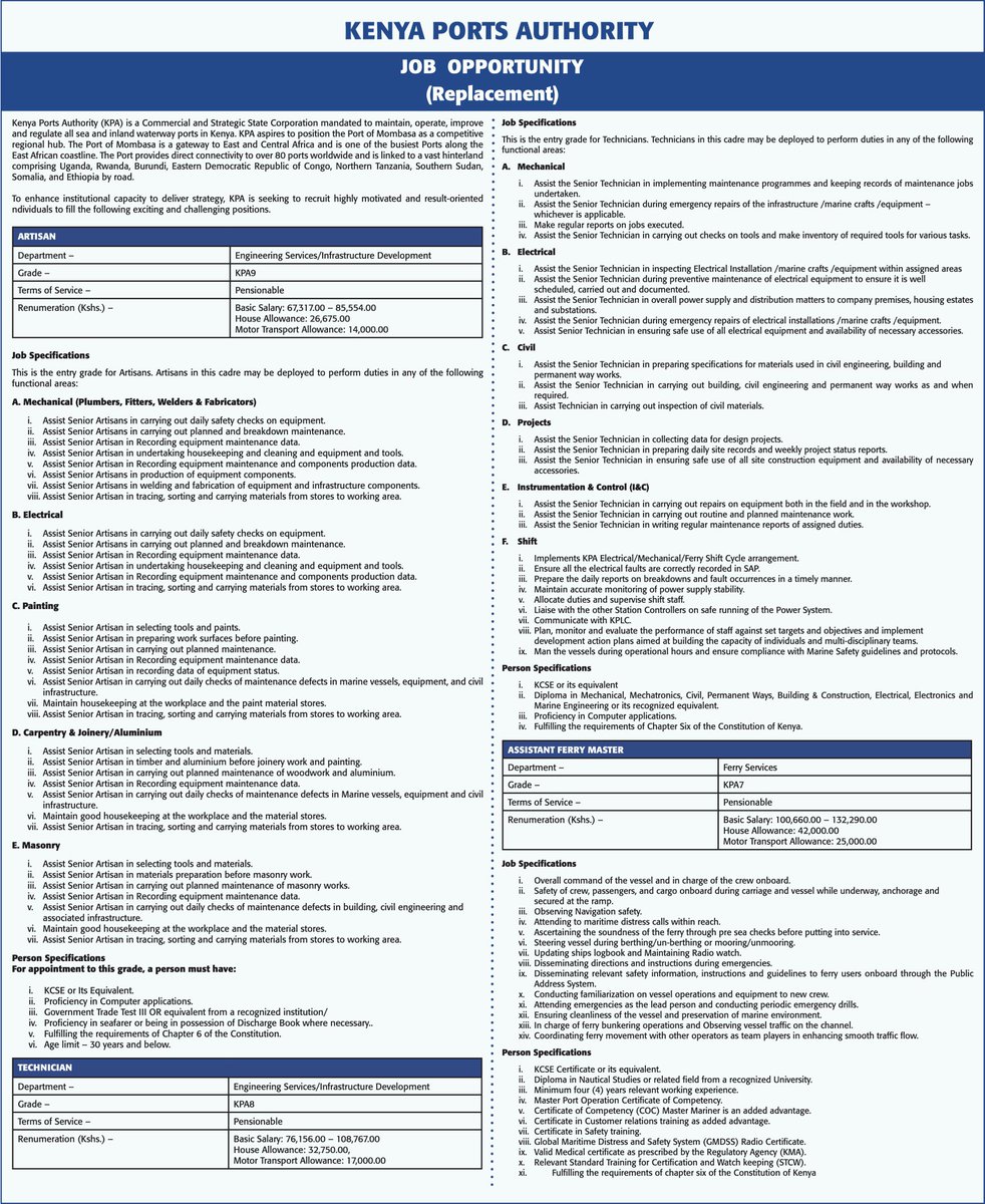 Kenya_Ports's tweet image. Job opportunities at Kenya Ports Authority
We are seeking to recruit highly motivated  individuals to fill various positions( Laboratory  Technologist , Technician,  Artisan, Graduate Trainee ,Assistant Ferry Master, Coxswain, Pharmaceutical Technologist, Pharmacy Attendant, and…