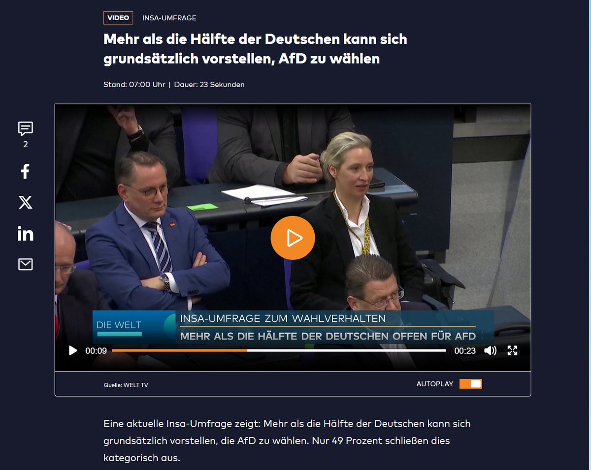 AndersonAfDMdEP's tweet image. 🇬🇧🇺🇸🇨🇦 All-time high and breakthrough? According to the latest survey, more than 50% of German voters can now imagine voting for the #AfD! The rejection rate was once 75%! 
🇩🇪🇦🇹🇨🇭 Allzeithoch und Durchbruch? Erstmalig können laut neuester #INSA-Umfrage mehr als 50 % der deutschen…