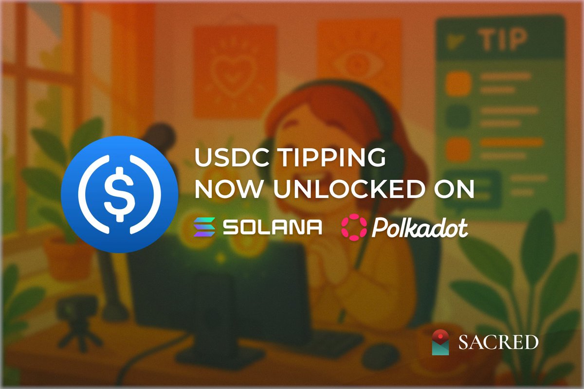 SacredProtocol's tweet image. Big News from Sacred!

$USDC tipping on Polkadot is now live on both the Sacred Protocol WebApp and Chrome Extension.

Creators, curators, and community members can now send and receive tips seamlessly, faster, smoother, and fully on-chain. 

This is a major step toward building…