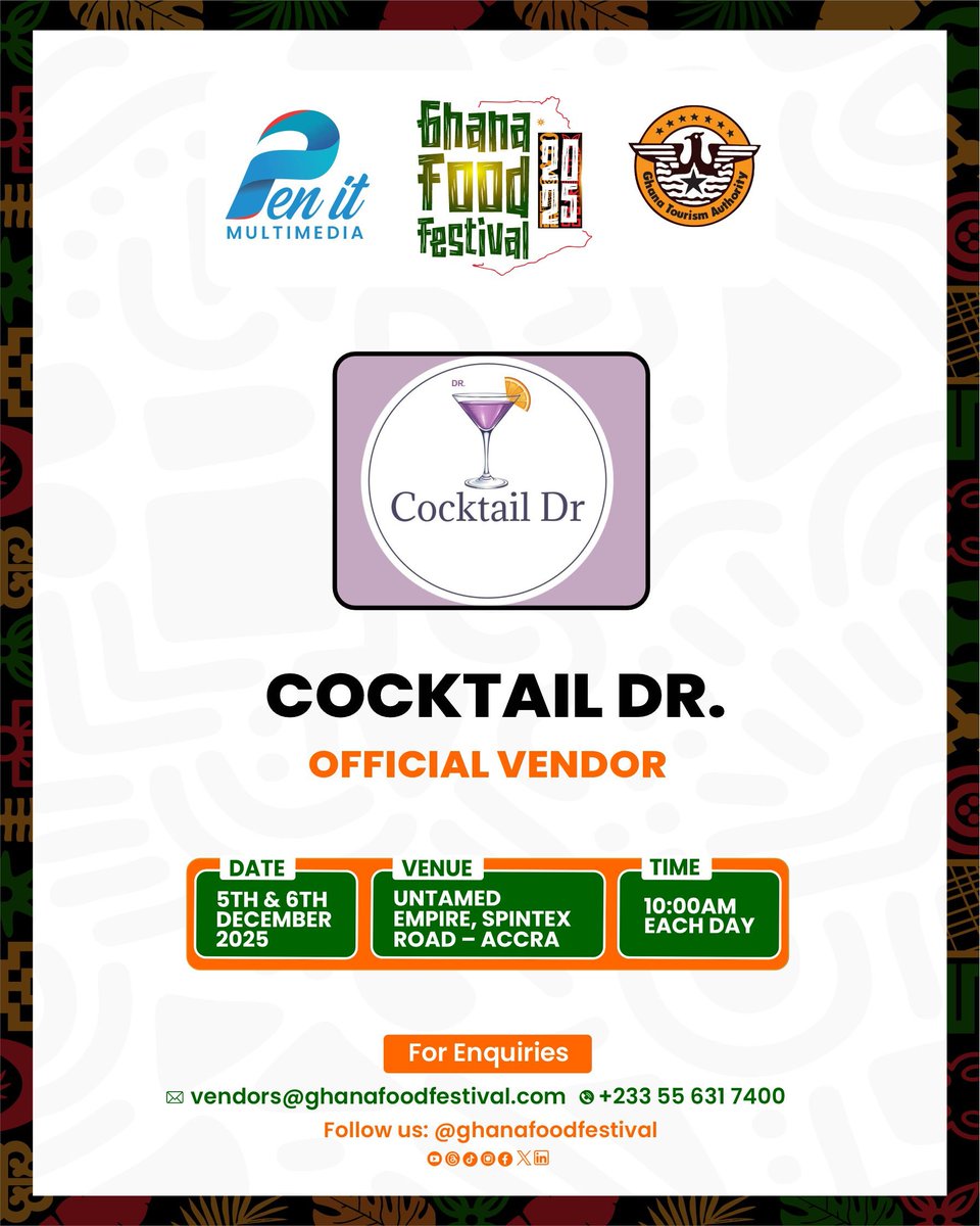 Doctor’s orders:

💊 Take one sip every 5 minutes
🍹 Repeat until happiness kicks in...

Find Cocktail Dr. at Ghana Food Festival 2025! 😉

💼 Interested in joining as a vendor?
Contact us today: +233 55 631 7400 || vendors@ghanafoodfestival.com

#Ghana #cocktails #accra
