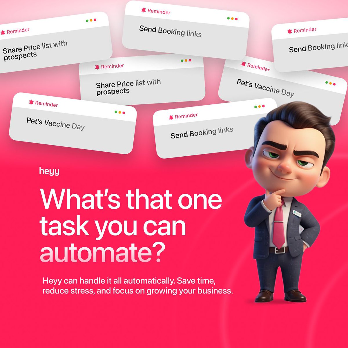 Heyy_hq's tweet image. Still doing the same tasks manually? STOP.

Automate your tasks with Heyy.
Send booking links, follow up with leads, share price lists… and so much more.

With our AI Employees handling your business, your time = more revenue. Try heyy.io today!