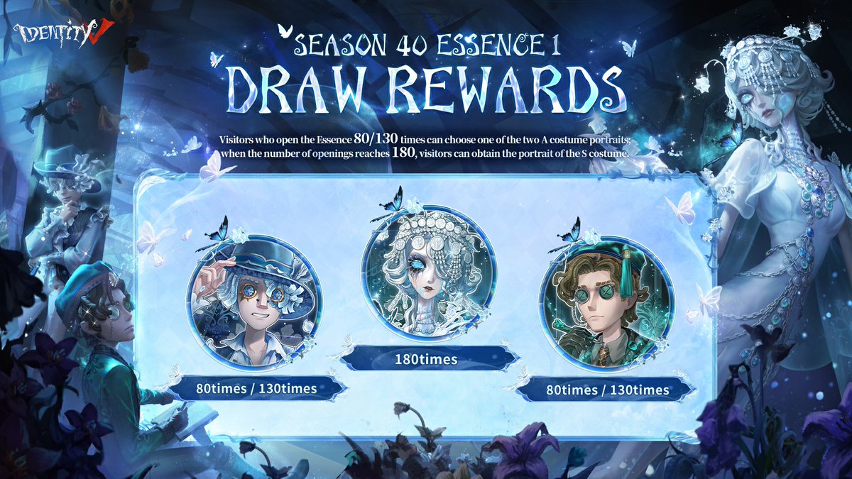 GameIdentityV's tweet image. Dear Visitors,
For a story that has ended, all regrets, unfulfilled desires, and hopes are but footnotes of remembrance lingering beyond the page.
Open Essences 80/130/180 times to claim these wonderful portraits!
#IdentityV #S40E1 #DrawRewards