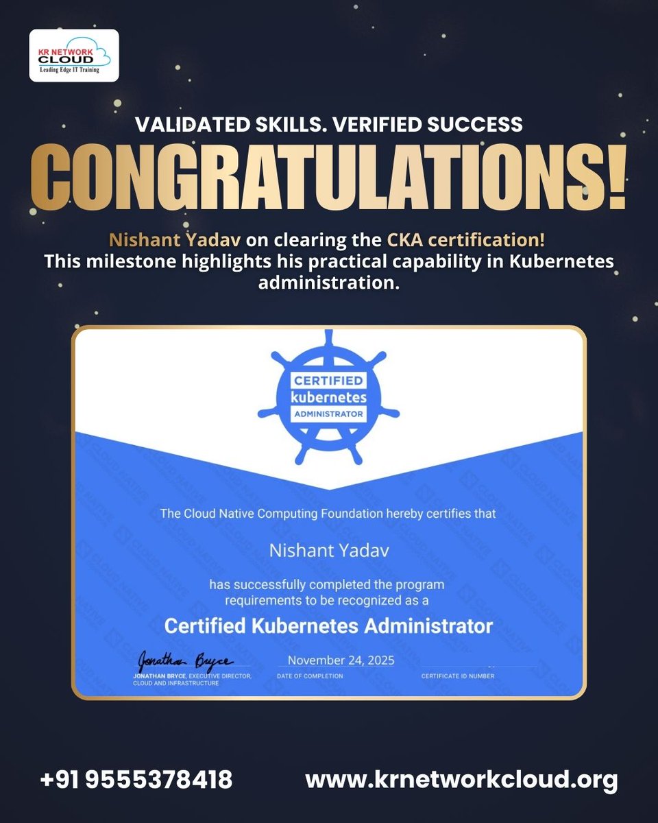 KRNetworkCloud1's tweet image. NISHANT YADAV – CKA CERTIFIED

Congratulations to Nishant Yadav on successfully clearing the CKA certification. This accomplishment reflects his strong command over Kubernetes administration

#cka #kubernetes #linuxfoundation #cloudnative #devopsengineer #krnetworkcloud #ckacert