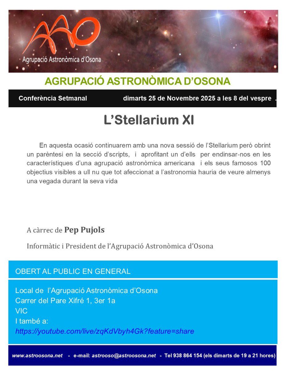 Avui nova conferència oberta a tothom a les 20h!
Us recordem que també la podeu seguir o recuperar totes les nostres xerrades al nostre canal de Youtube a través d’aquest enllaç:  ja.cat/aaotv