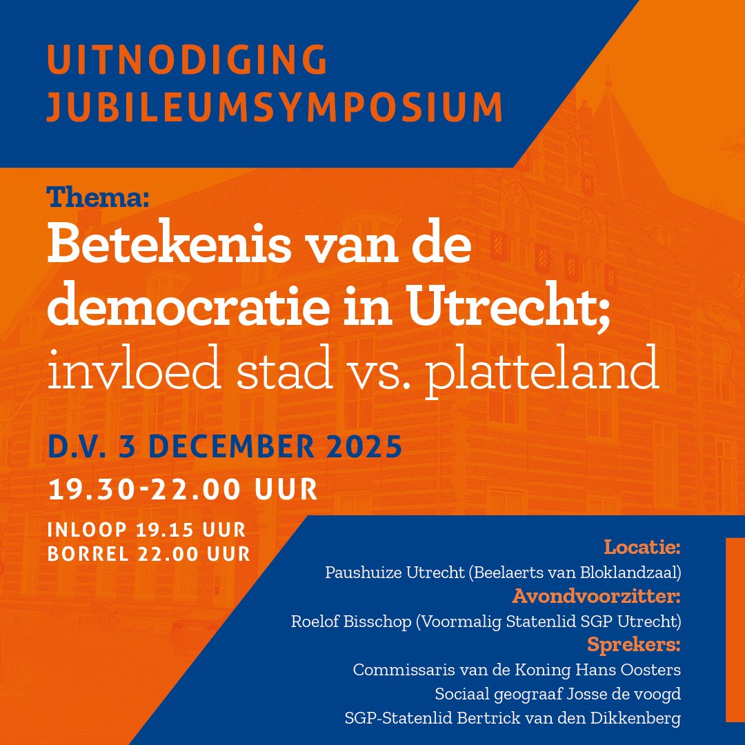 Allen van harte welkom op deze mooie avond over de betekenis van democratie en de invloed van stad en platteland, ter gelegenheid van 100 jaar SGP in de Provinciale Staten van Utrecht. De avond vindt plaats in het prachtige Paushuize midden in Utrecht. We hopen u daar te zien!