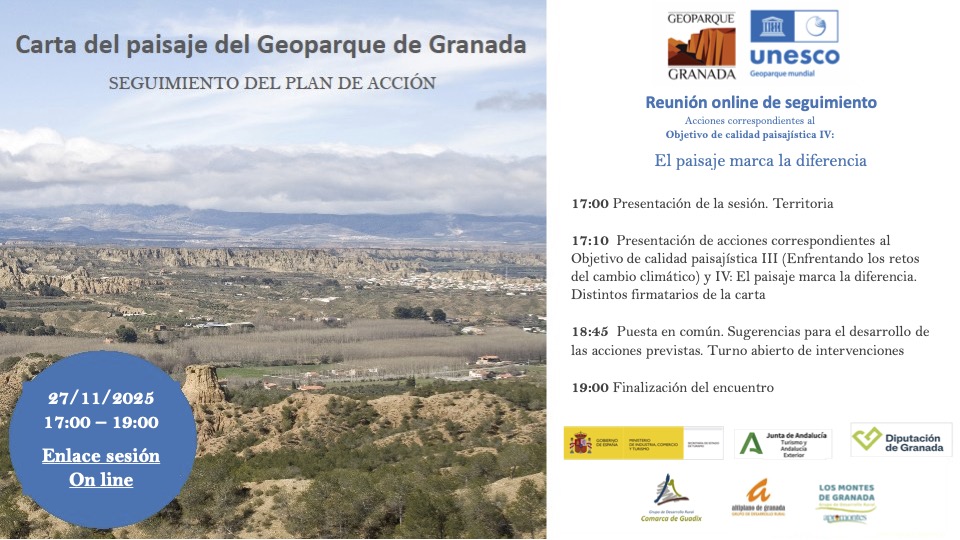 Nueva reunión online de seguimiento de la Carta del Paisaje del Geoparque de Granada
27 de noviembre, de 17:00 a 19:00h
Objetivo de calidad paisajística IV: “El paisaje marca la diferencia”

La participación, en abierto, a través del siguiente enlace: teams.microsoft.com/meet/337133732…