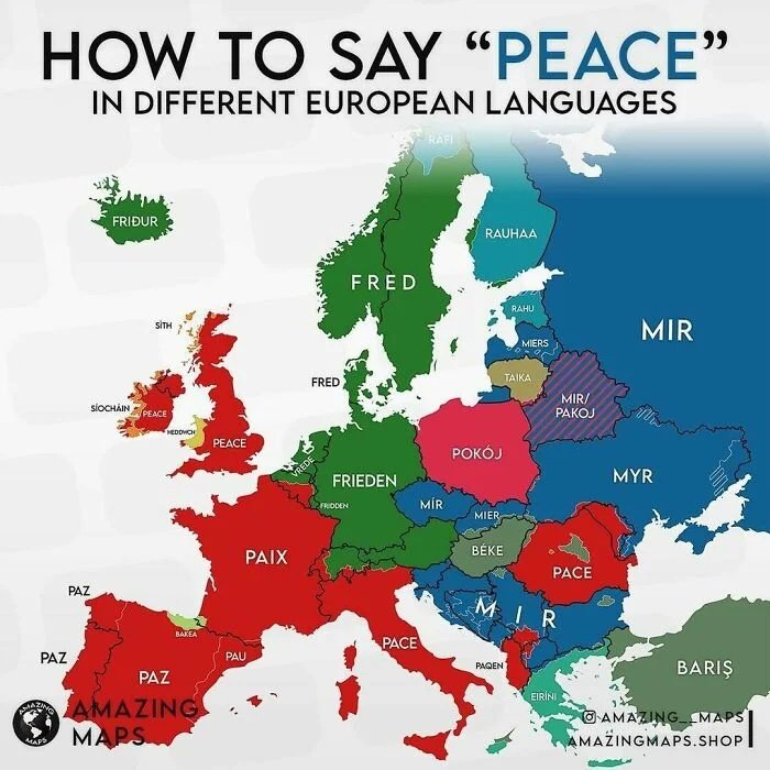 theepicmap's tweet image. How to say Peace in different European Languages.