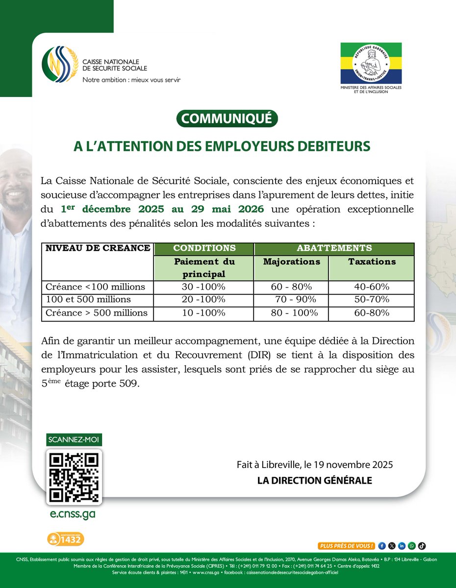 CnssGeneral's tweet image. 🔴Communiqué CNSS : A l&apos;attention des employeurs débiteurs

Suivez l&apos;actualité de la 𝐂𝐍𝐒𝐒 à travers nos différentes plateformes online 📱💻
Site web : cnss.ga
Portail web : e.cnss.ga
Chaîne Whatsapp : vu.fr/WQQG