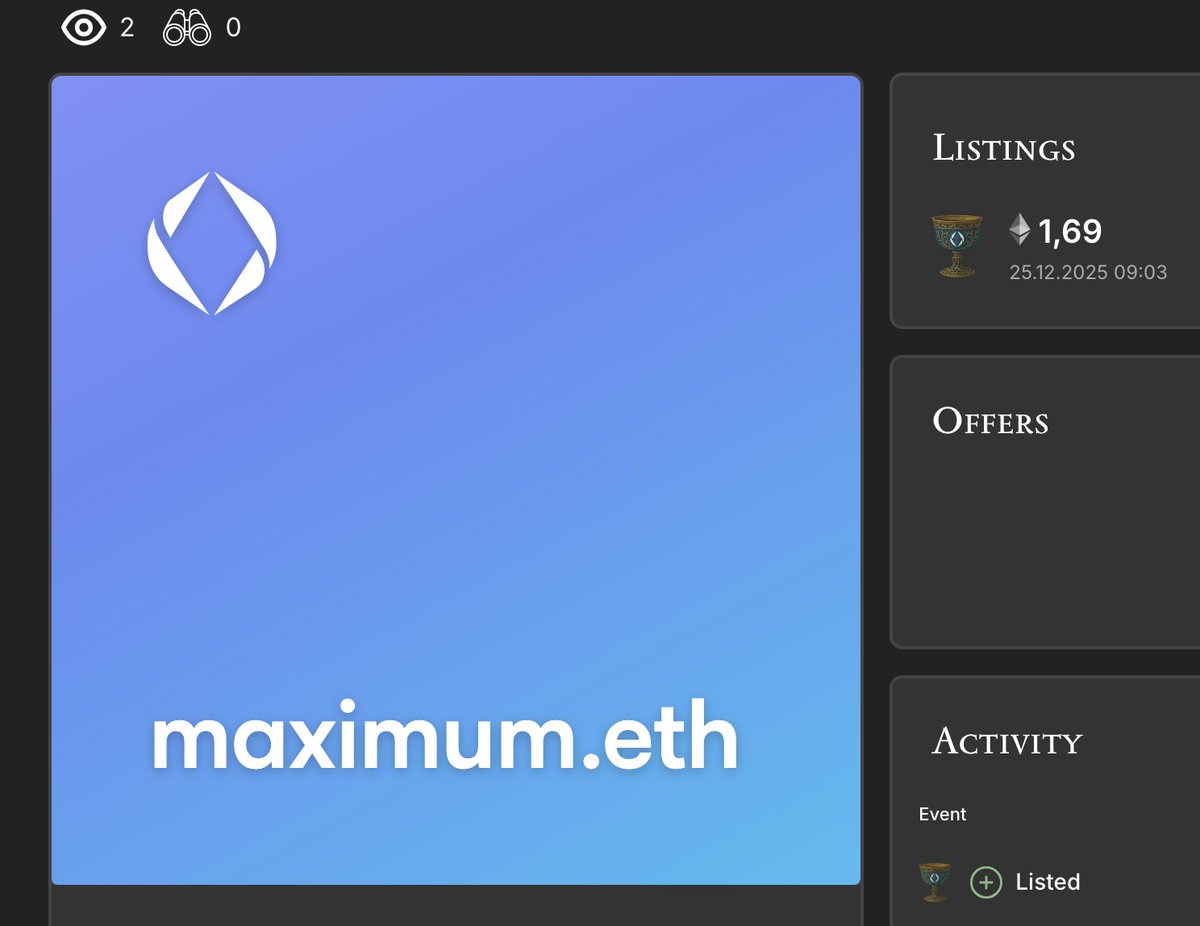 savethreadETH's tweet image. Just listed maximum.eth (1.69 E), shampoo.eth (0.69 E), and competitor.eth (0.42 E) on @grailsmarket thanks to @BrantlyMillegan 

grails.app/maximum.eth