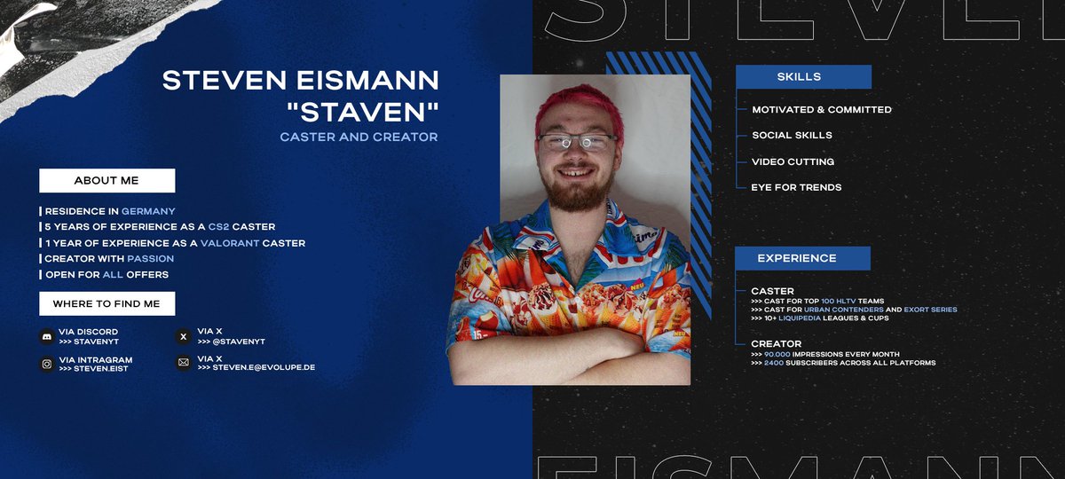 Stavenyt's tweet image. I am looking for a new position as a creator and caster for leagues or organizations starting December 1.

All information can be found in the image.

Email: stavenyt.kontakt@gmail.com

#LFT #LFO