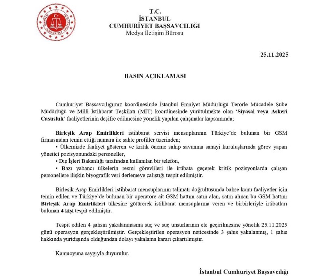 VistaMaps's tweet image. أعلنت النيابة العامة التركية في إسطنبول كشف خلية تجسس تعمل لصالح جهاز الاستخبارات الإماراتي، وكانت تستخدم خط هاتف تم شراؤه داخل تركيا وحسابات مزيفة لجمع معلومات عن موظفين في مواقع حساسة داخل مؤسسات الصناعات الدفاعية، إضافة إلى بيانات اتصال تتعلق بوزارة الخارجية التركية.…