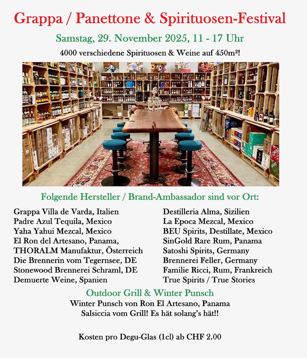 Grappa / Panettone &amp; Spirituosen-Festival = Dieses Wochenende - mailchi.mp/casadeltequila…
Nur noch 4 Tage bis zum Jahres-Event!
Samstag 29. November 2025 / 11-17 Uhr
15 Hersteller vor Ort!
Outdoor-Bar mit Winter Punsch 
Salsiccia vom Grill! Es hät solang’s hät!!
Wir freuen uns!
