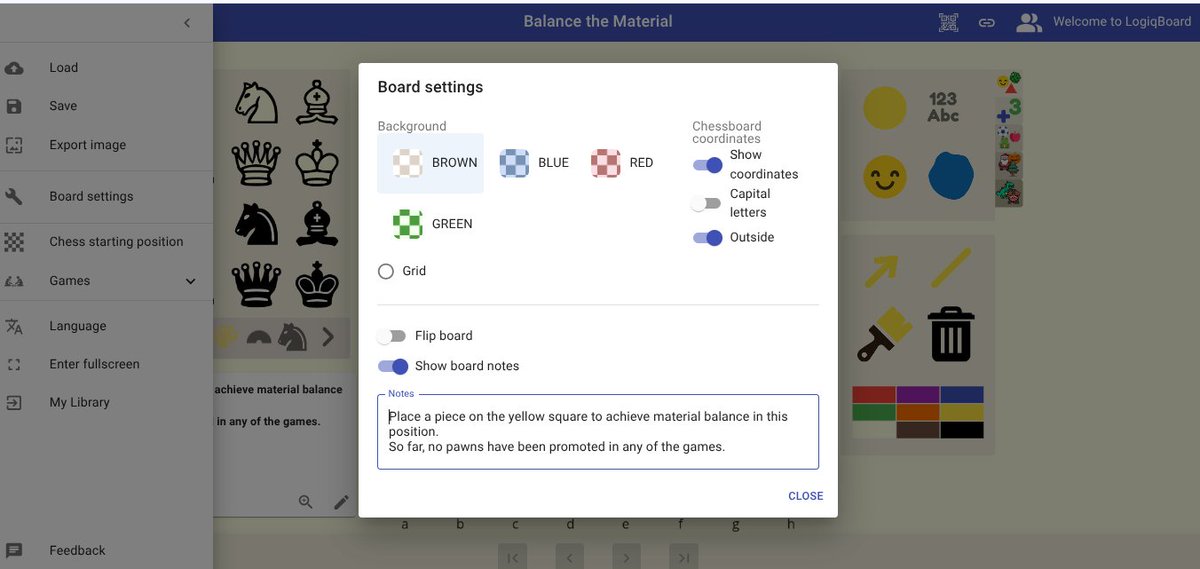 logiqBoard's tweet image. 📣 Introducing &apos;Notes&apos; on LogiqBoard ✏️ 

Some boards &amp;amp; puzzles need a few more words than just a heading.

Adding notes is easy. Go to &apos;Board settings&apos; from the menu &amp;amp; add some extra information. It will then appear to the left of your board.

#ChessinEducation #puzzles #EdTech