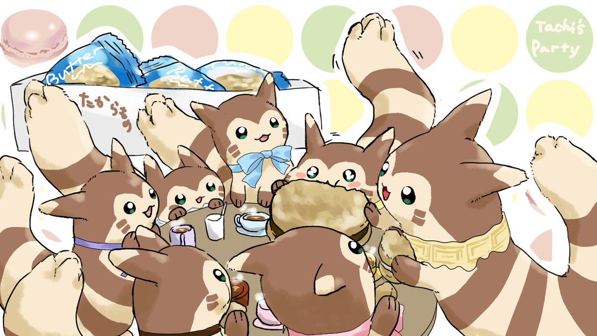 kazesola_cthu's tweet image. もきゅさんからお菓子をいただいたので、お礼も兼ねてそれを食べるぬいタチちゃんズ☺🍪🍩
もきゅさんのおたくのちくわさんも描かせていただきました！右端の子です。ほかの6匹はうちのfitタチちゃんズ。
（遠近法どうなっとんねんみたいになってしまった💦）
もきゅさんありがとうございました❣