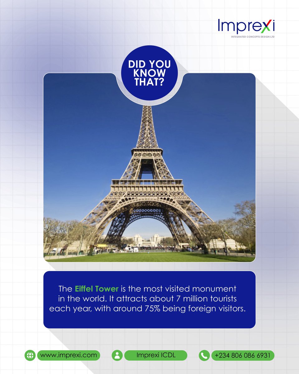imprexiICDL's tweet image. The Eiffel Tower sits in Paris, France, and millions of people visit it every year. It was built for a world event in 1889, and now it’s one of the most loved landmarks in the world. 
#eiffelTower #paris  #travel #landmark #architecture #imprexiicdl #nigeria