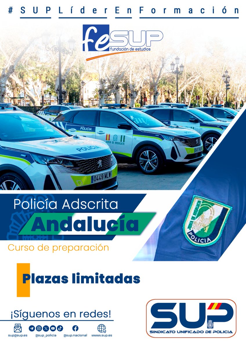 sup_formacion's tweet image. 🚨🚨Abierta inscripción 🚨🚨
Curso Preparación Unidad Adscrita Andalucía
Nuevo curso online 🧑‍💻
Gratis para afiliados/as a @Sup_Policia 
Normativa estatal y autonómica
#SUPLíderEnFormación
🗓️Inicio 1-12-2025
¡Prepárate con los mejores! 
Inscríbete ya⤵️
supformacion.es/curso-online-p…