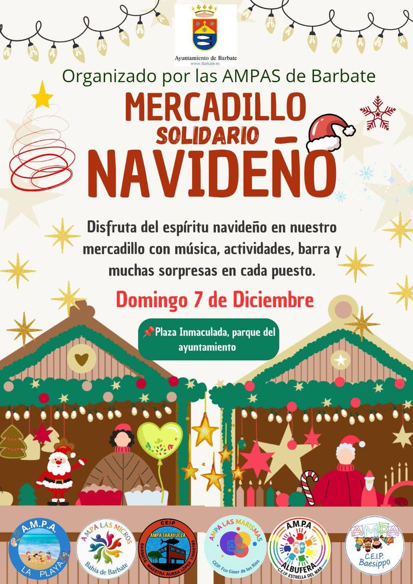 ¡Navidad solidaria en Barbate! 🎅

Las AMPAs de Barbate organizan un MERCADILLO SOLIDARIO NAVIDEÑO con música, barra y actividades.

Apoya a los centros educativos de la localidad y disfruta del ambiente festivo.

📍 7 de Dic.➡️ Plaza Inmaculada (Barbate)