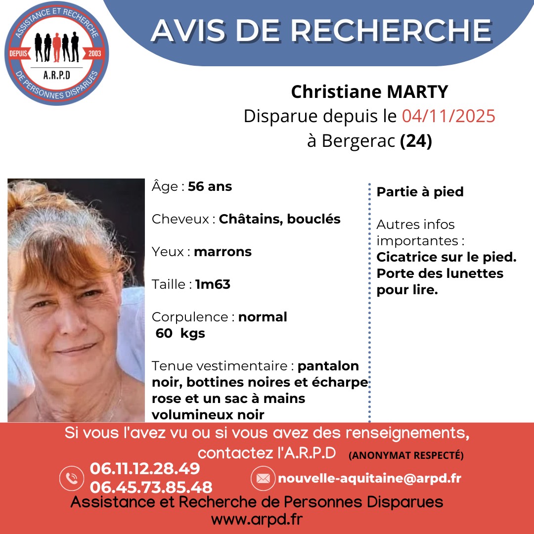 arpd_fr's tweet image. [AVIS DE RECHERCHE] - Dossier ARPD
Christiane MARTY, 56 ans, disparue à Bergerac (24) le 04 Novembre 2025
Elle est partie à pied.
Corpulence normale, cheveux châtains bouclés, yeux marron, 1m63, 60 kg.
Signe particulier : cicatrice sur le pied.
Porte des lunettes pour lire.
⬇️