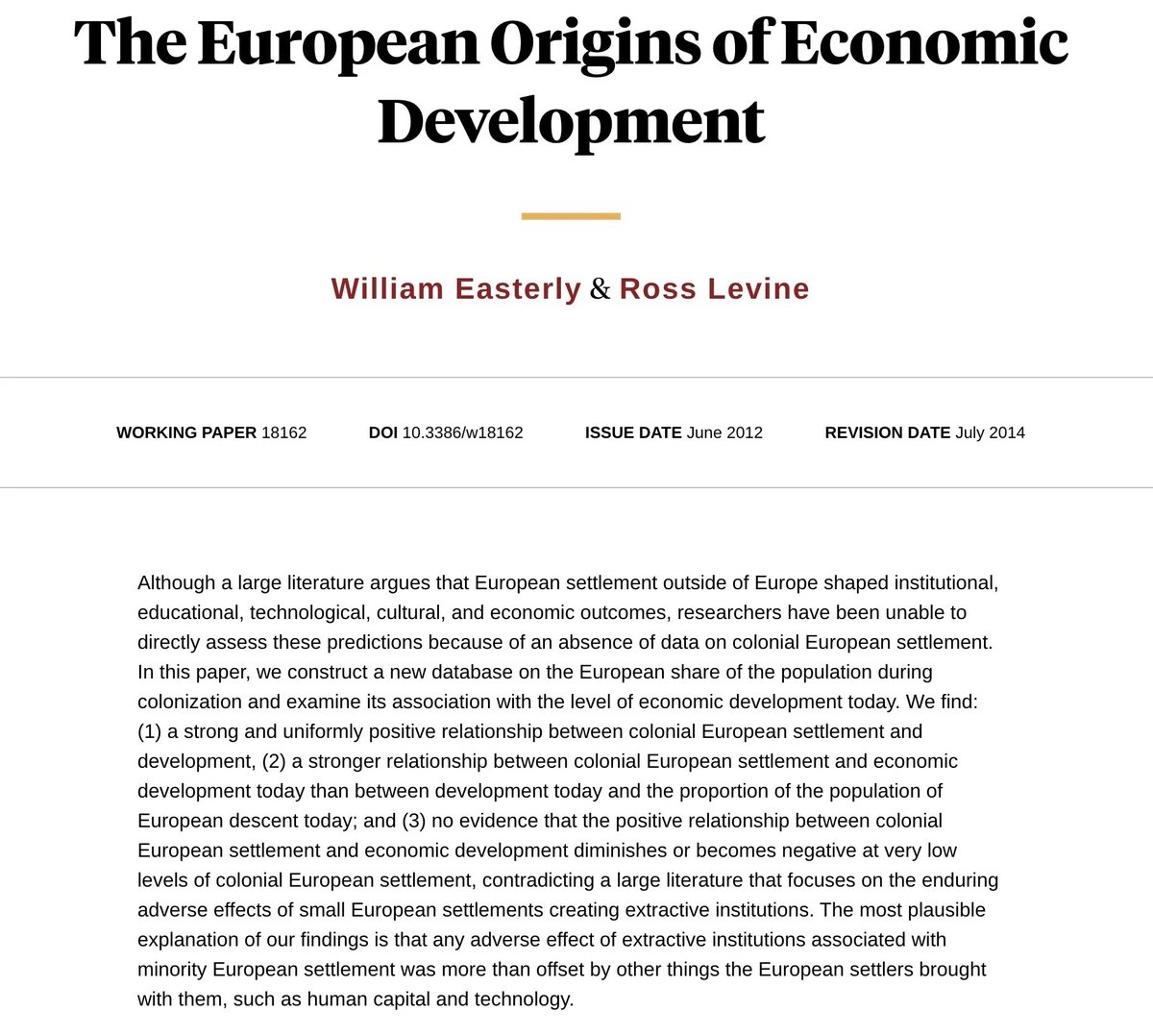johnthenoticer's tweet image. No, Europeans did not, on average, harm the economic prospects of the regions they colonized.

Quite the opposite.

&quot;The most plausible explanation of our findings is that any adverse effect of extractive institutions associated with minority European settlement was more than…
