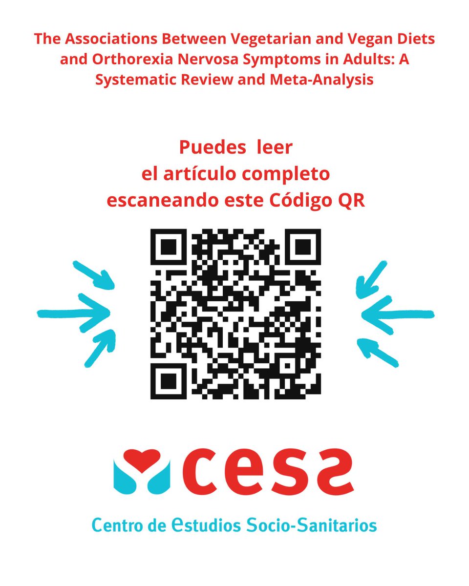 👉The Associations Between Vegetarian and Vegan Diets and Orthorexia Nervosa Symptoms in Adults: A Systematic Review and Meta-Analysis
👉Te animamos a leer este interesante artículo realizado por investigadoras e investigadores del Cess
👇
doi.org/10.1002/eat.24…
#Investigación