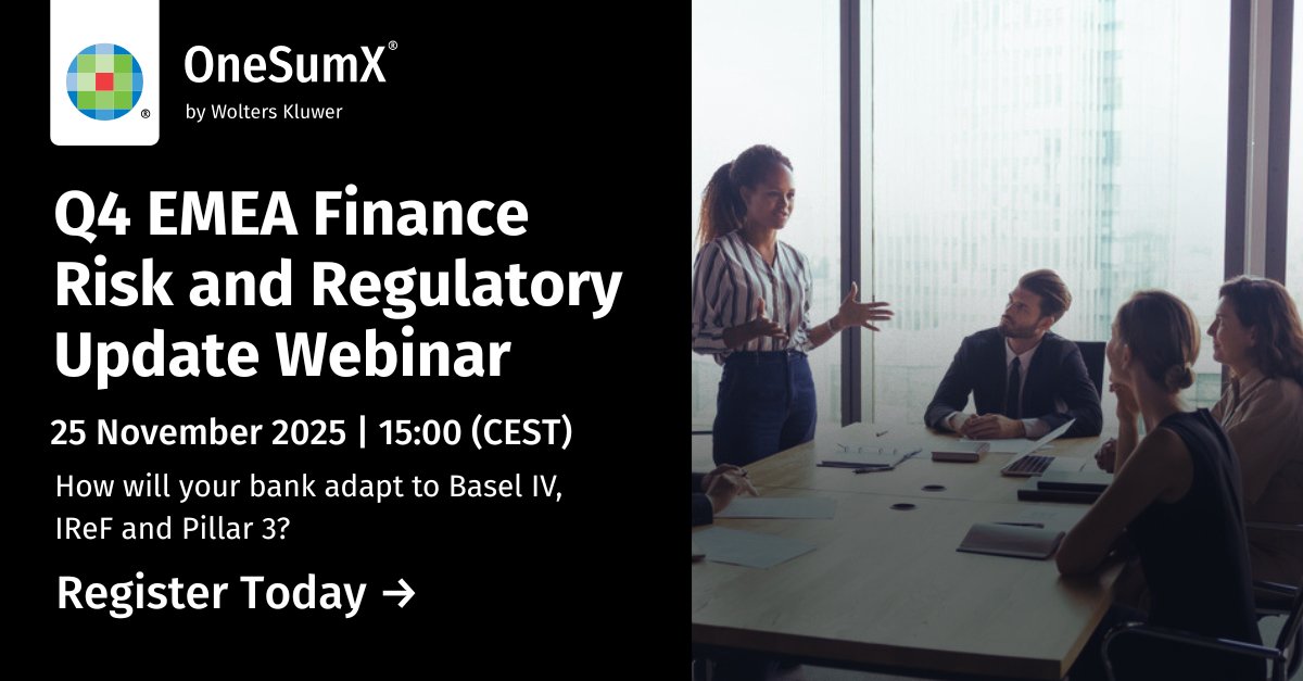 OneSumX_FRR's tweet image. Last chance to register for the Q4 EMEA Finance Webinar: Nov 25, 2025 | 15 CEST! 🔹CRR3 updates 🔹Regulatory updates 🔹Dynamic Risk Management 🔹IFRS 18 ➡️Register now: ow.ly/SoQ650Xxl7q #OneSumX #Banking #IFRS9 #IFRS18 #FinancialRisk