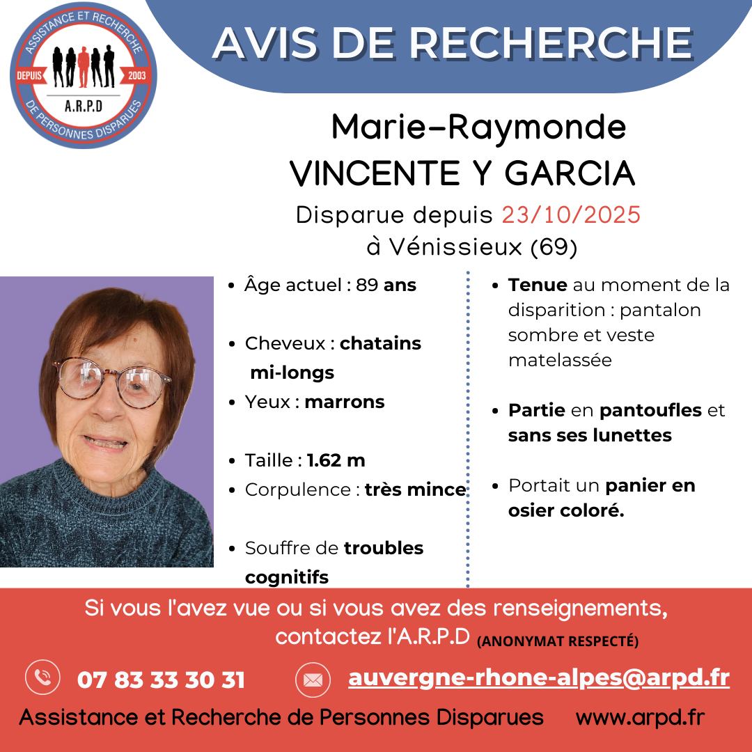 arpd_fr's tweet image. [AVIS DE RECHERCHE] – Dossier ARPD
Marie-Raymonde VINCENTE Y GARCIA, 89 ans, disparue à Vénissieux (69) le 23 octobre 2025
Partie en pantoufles et sans ses lunettes.
Elle portait un panier en osier coloré.
Souffre de troubles cognitifs.
⬇️