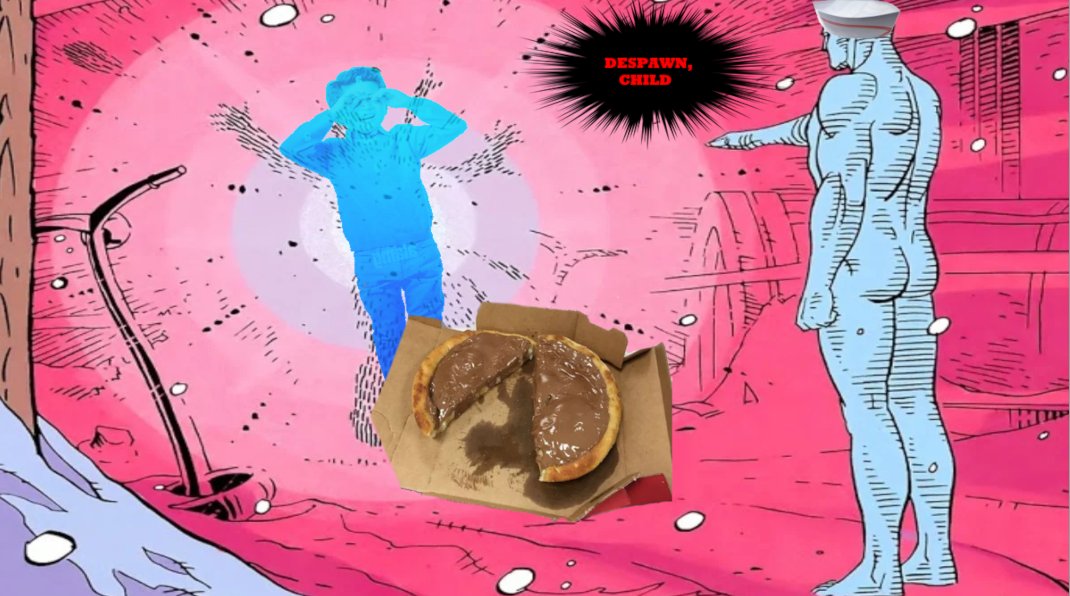 TheOrgulosOrc's tweet image. It&apos;s a paint edit of my dream where I broke into pizza carnival food truck because I was hungry, then a kid came up to me and ordered a pizza and I kept on fucking up the pizza, until I somehow made chocolate on pizza bread, got frustrated, yelled DESPAWN, CHILD, and woke up