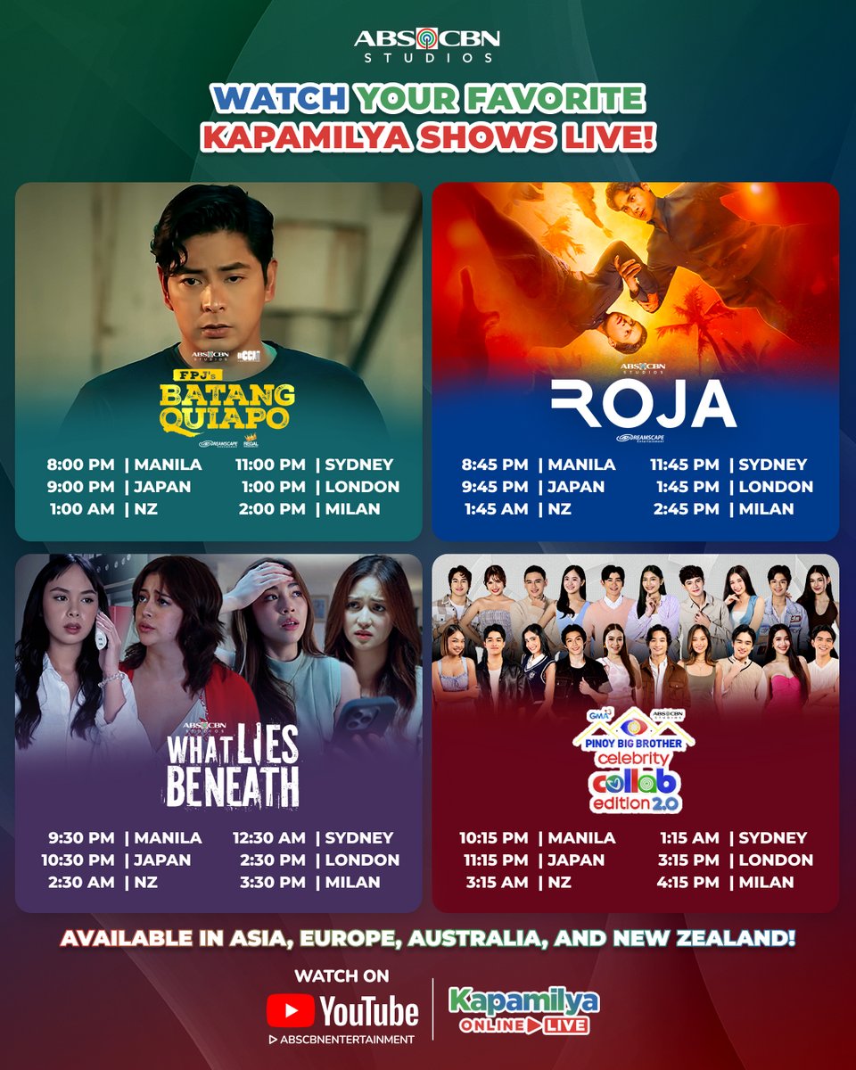 ABSCBN's tweet image. Panibagong drama at aksyon ang mapapanood mo sa #PrimetimeBida! 💥🔥
 
Watch #FPJsBatangQuiapo, #ROJA, #WhatLiesBeneath, and #PBBCollab20 LIVE!
 
#KapamilyaOnlineLive #BatangQuiapo