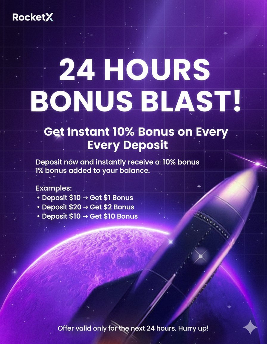 TradesWithJC's tweet photo. 🚀 RocketX BONUS BLAST (24 HOURS ONLY!)

Deposit now &amp; get an instant 10% bonus added to your balance — no limits, no delays.⚡

Examples:
$10 → $1
$20 → $2
$50 → $5
$100 → $10

⏳ Ends in 24 hours.
🌐 https://t.co/q3ExY8Iaci

Let’s grow together. 🚀
#Crypto #Airdrop #Bonus https://t.co/n8mpUWGalk