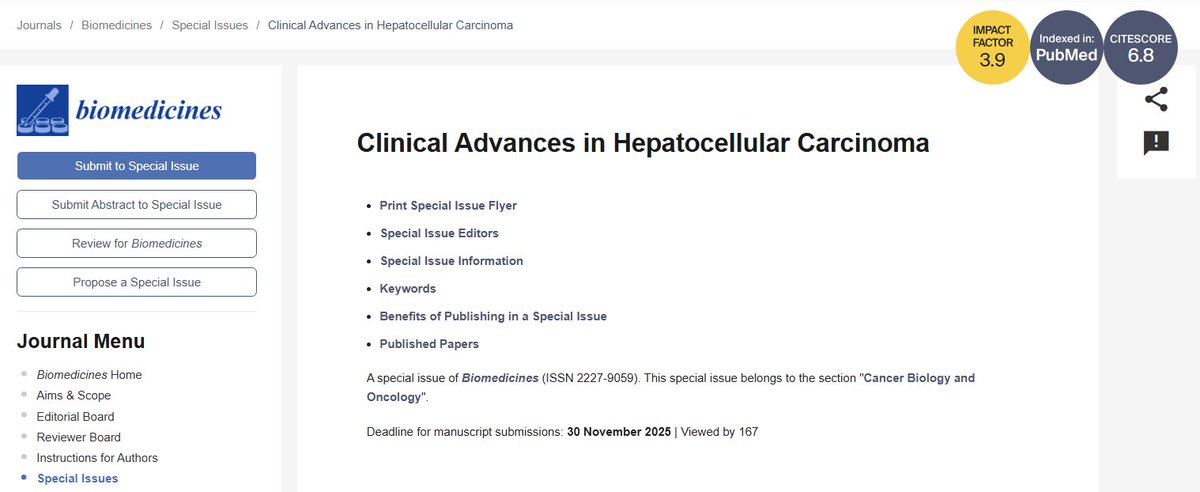 Biomed_MDPI's tweet image. 📢 Quick reminder that the deadline for our Special Issue &quot;Clinical Advances in Hepatocellular Carcinoma&quot; is approaching！
📅 Deadline: 30 November 2025
🔗Submit and Read more: mdpi.com/journal/biomed…
#CallForPapers