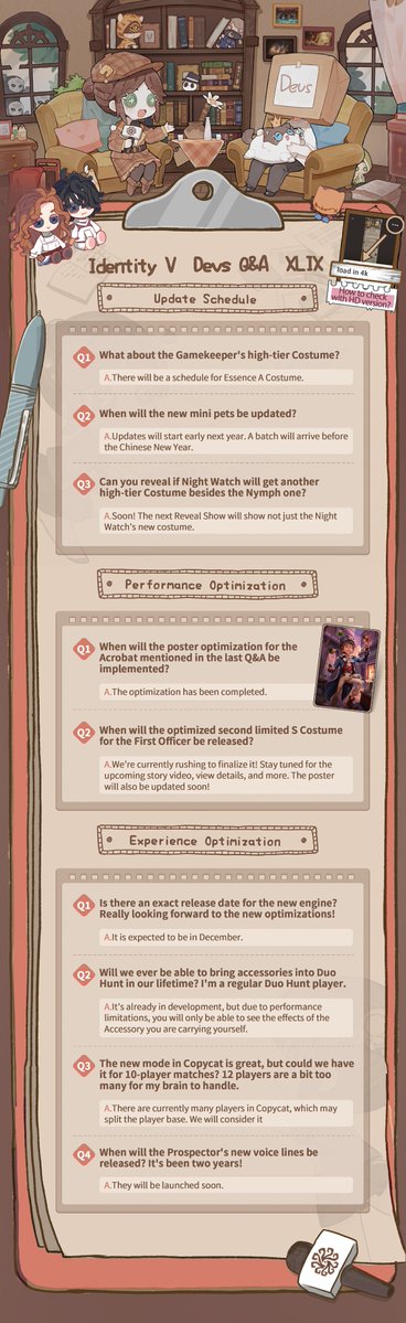 GameIdentityV's tweet image. Dear Visitors,
Here are our answers from Dev&apos;s Q&amp;amp;A 49! The collection for the next round of Q&amp;amp;A will end on December1. Please, submit your questions via the link below:
forms.gle/GRSXPRJ9M2zGN9…
Leave your comment, and we will pick 5 visitors for the test server code.