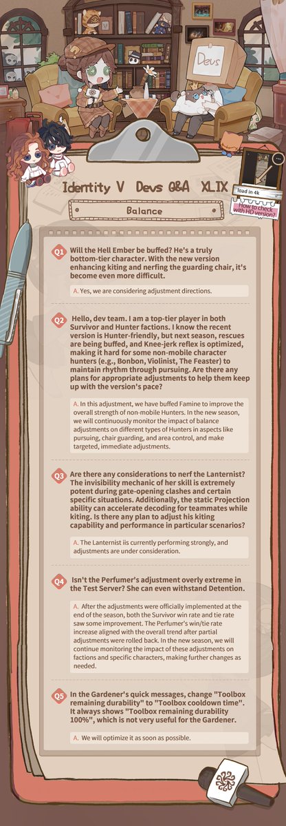 GameIdentityV's tweet image. Dear Visitors,
Here are our answers from Dev&apos;s Q&amp;amp;A 49! The collection for the next round of Q&amp;amp;A will end on December1. Please, submit your questions via the link below:
forms.gle/GRSXPRJ9M2zGN9…
Leave your comment, and we will pick 5 visitors for the test server code.