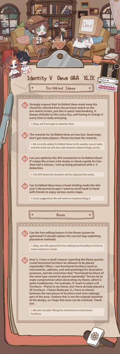 GameIdentityV's tweet image. Dear Visitors,
Here are our answers from Dev&apos;s Q&amp;amp;A 49! The collection for the next round of Q&amp;amp;A will end on December1. Please, submit your questions via the link below:
forms.gle/GRSXPRJ9M2zGN9…
Leave your comment, and we will pick 5 visitors for the test server code.