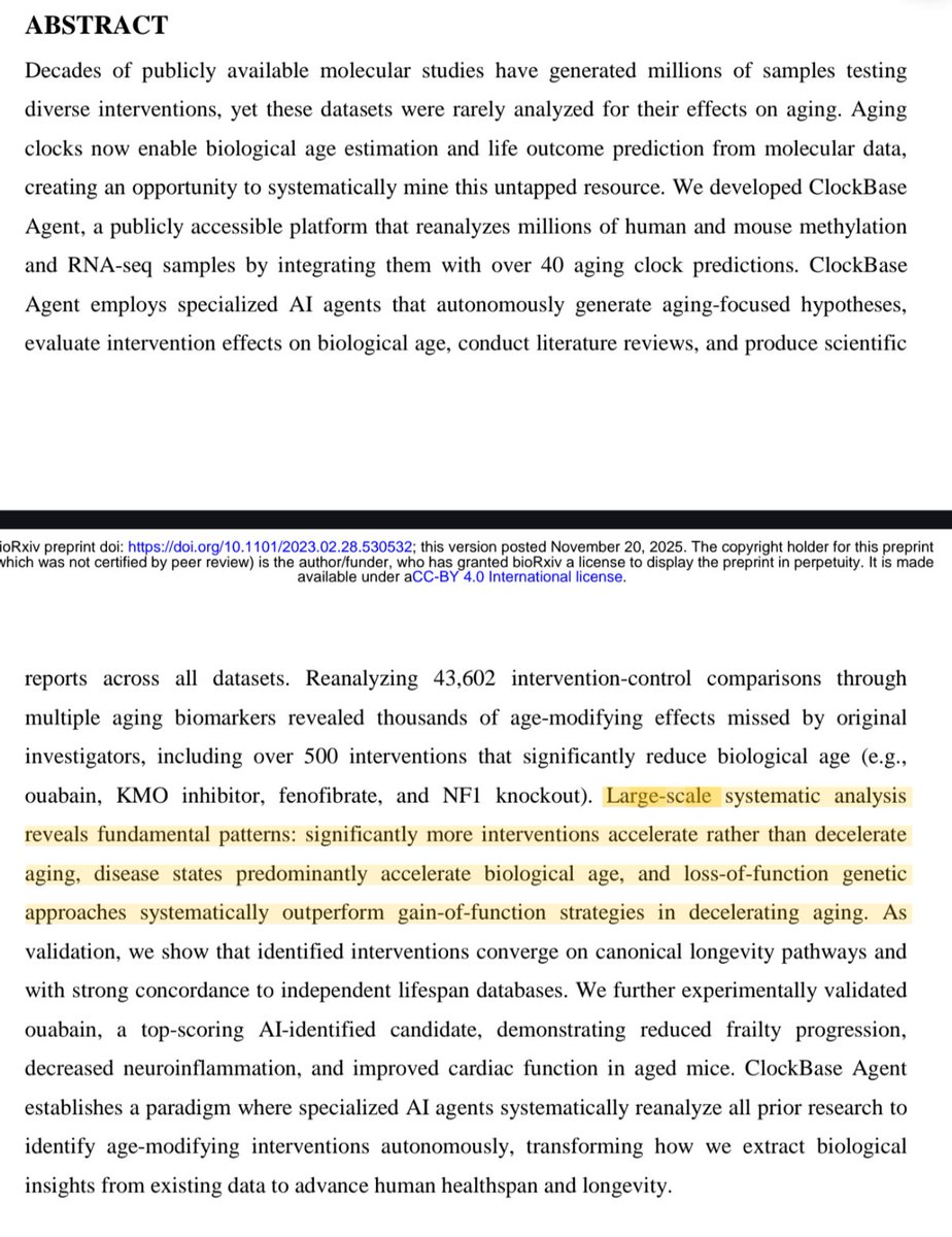 Longevity is a very interesting subject, at the intersection of biology &amp; benchmarks. 

I recognize some ML names in this paper that did an analysis of health interventions at a scale never before achieved. 

<a href="/bryan_johnson/">Bryan Johnson</a> take note ;)

biorxiv.org/content/10.110…