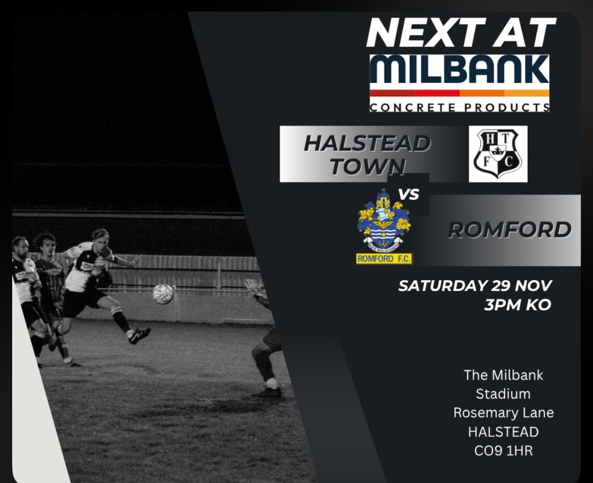 Next up at <a href="/MilbankConcrete/">Milbank Concrete Products</a> stadium is a visit from <a href="/RomfordFC/">Romford FC</a>. Come along Saturday and give Mark and the boys your support